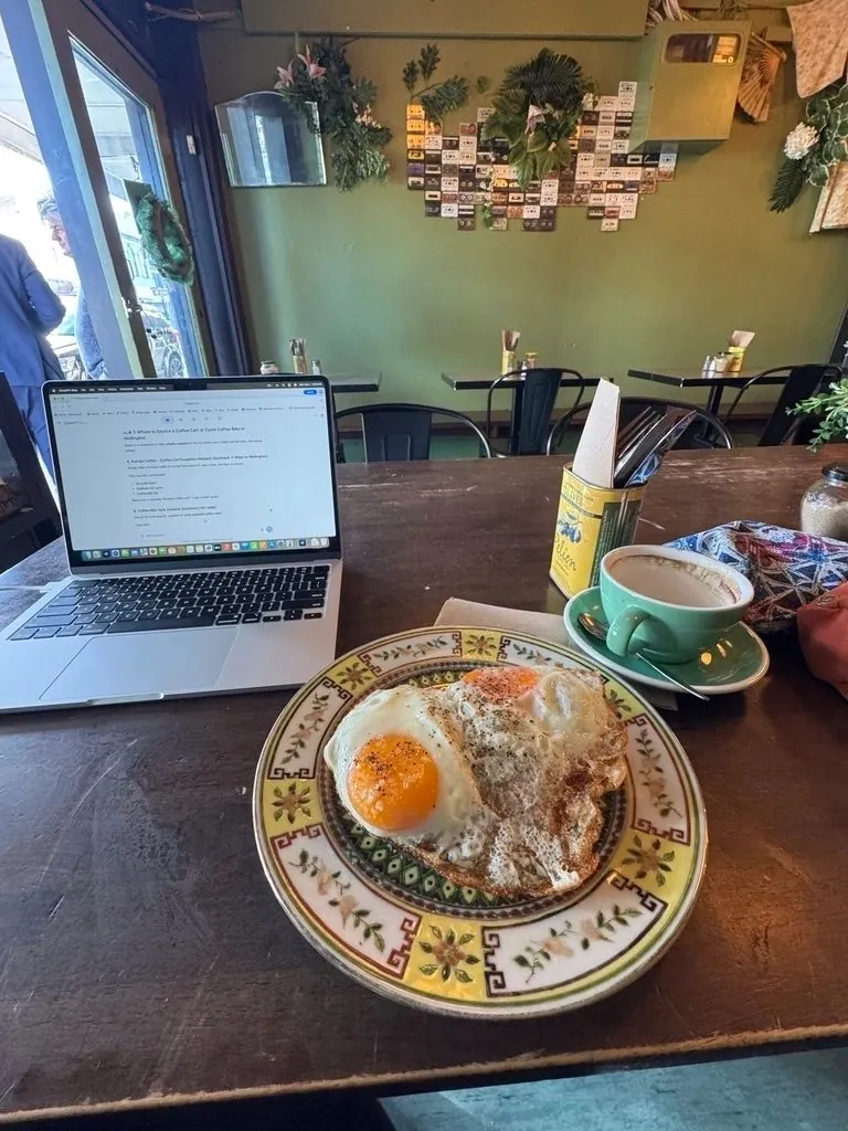 Fried egg breakfast with coffee on a café table